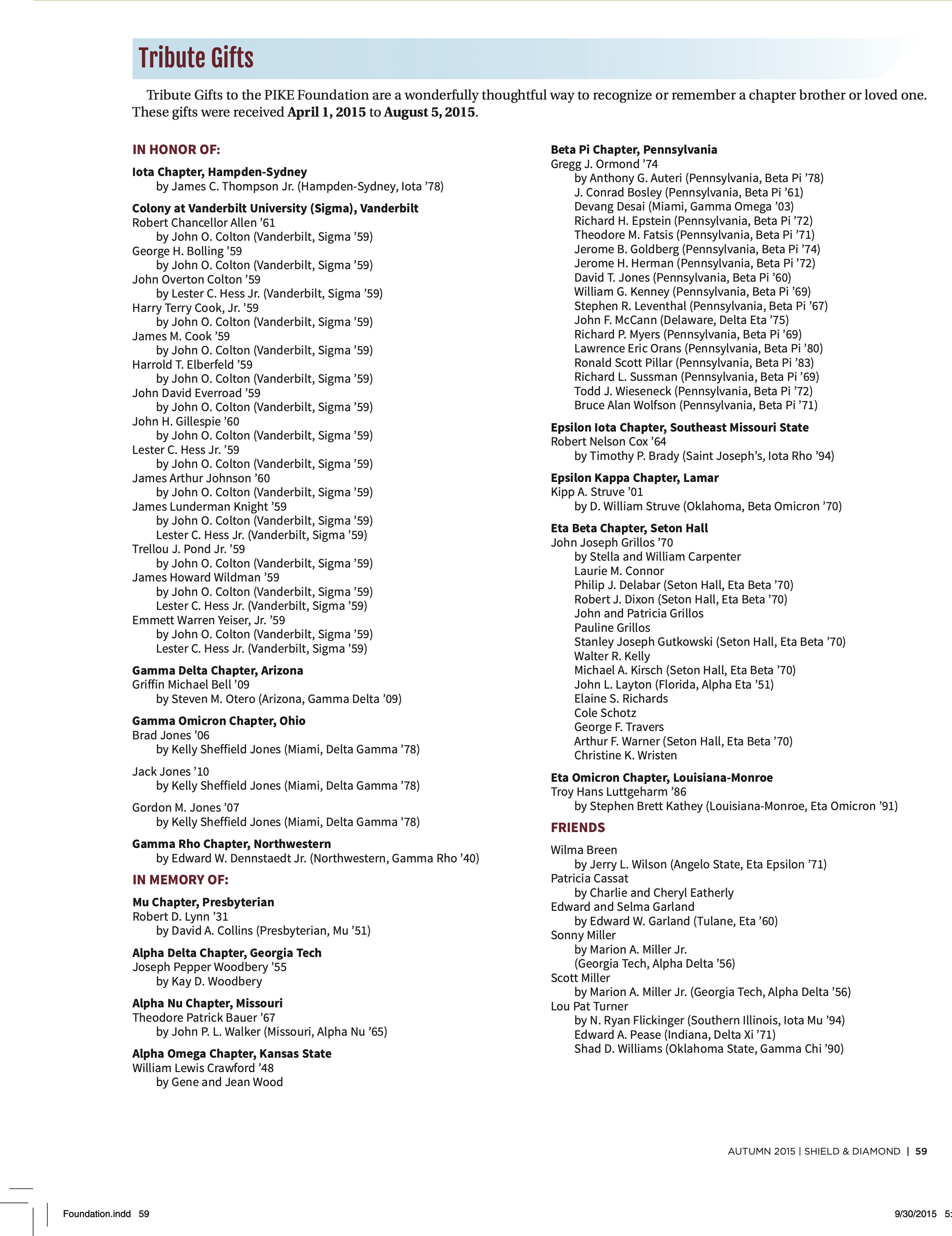 Pi Kappa Alpha Foundation: Tribute Gifts, Autumn 2015